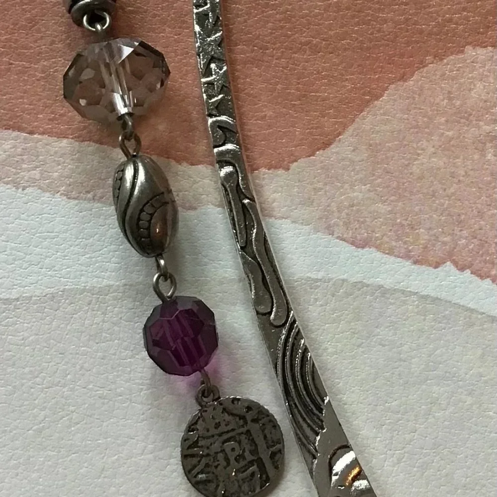 Tibetan‎ Metal Bookmark Sun & Stars Engraved Silver and Purple Beads